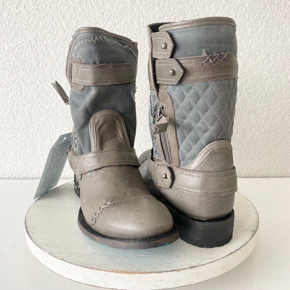 NEW Lane Boots Womens Gray Leather Canvas Mid-Calf Western Moto Style Zip Size 8